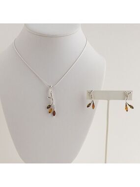 Sterling Silver Amber Stone Pendant Necklace and Earring Jewelry Set Leaf Branch